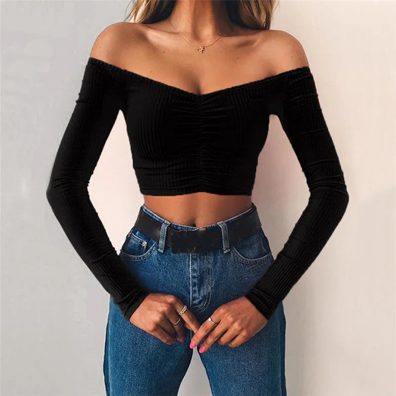 T-shirt da donna sexy manica lunga con spalle scoperte tinta unita