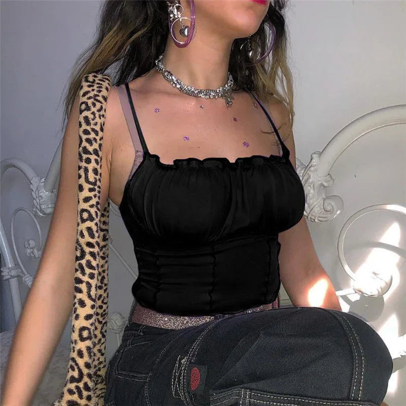 Canotta Senza maniche Senza Spalline Increspature Sottile Crop Top Donna