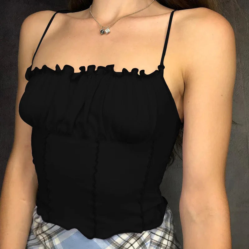 Canotta Senza maniche Senza Spalline Increspature Sottile Crop Top Donna