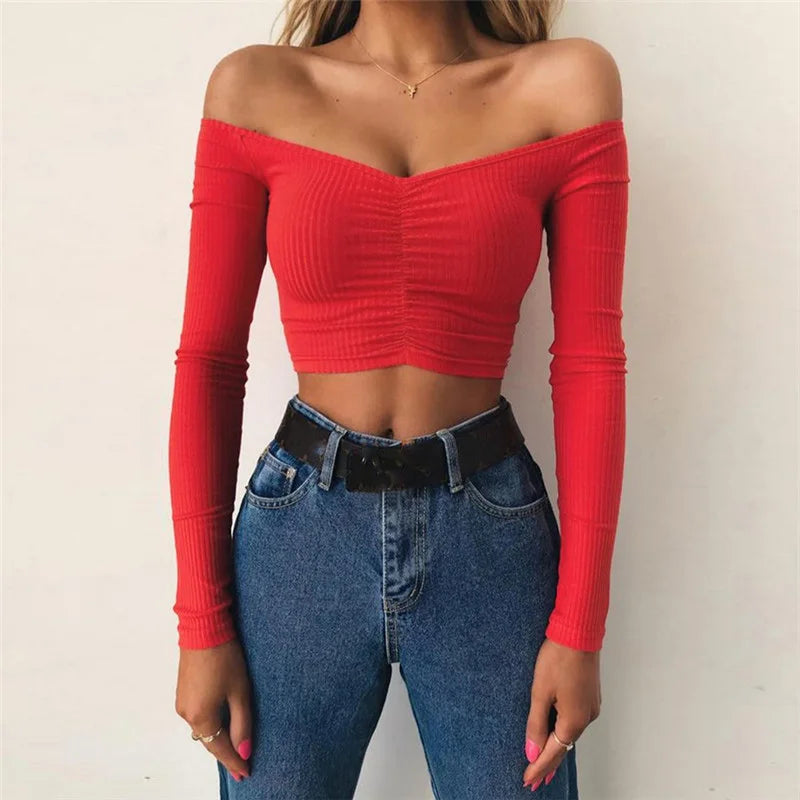 T-shirt da donna sexy manica lunga con spalle scoperte tinta unita