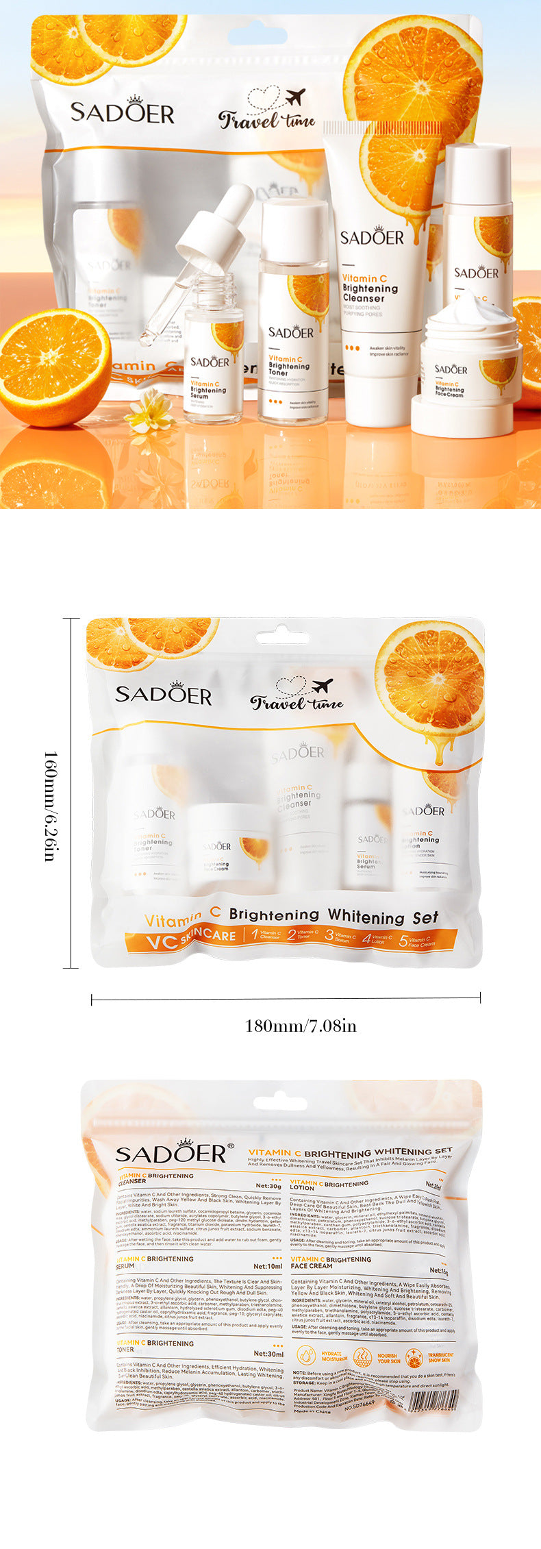 5 pezzi Set viso alla vitamina C per idratare, sbiancare e schiarire, con acido ialuronico