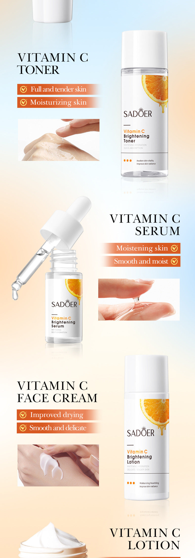 5 pezzi Set viso alla vitamina C per idratare, sbiancare e schiarire, con acido ialuronico