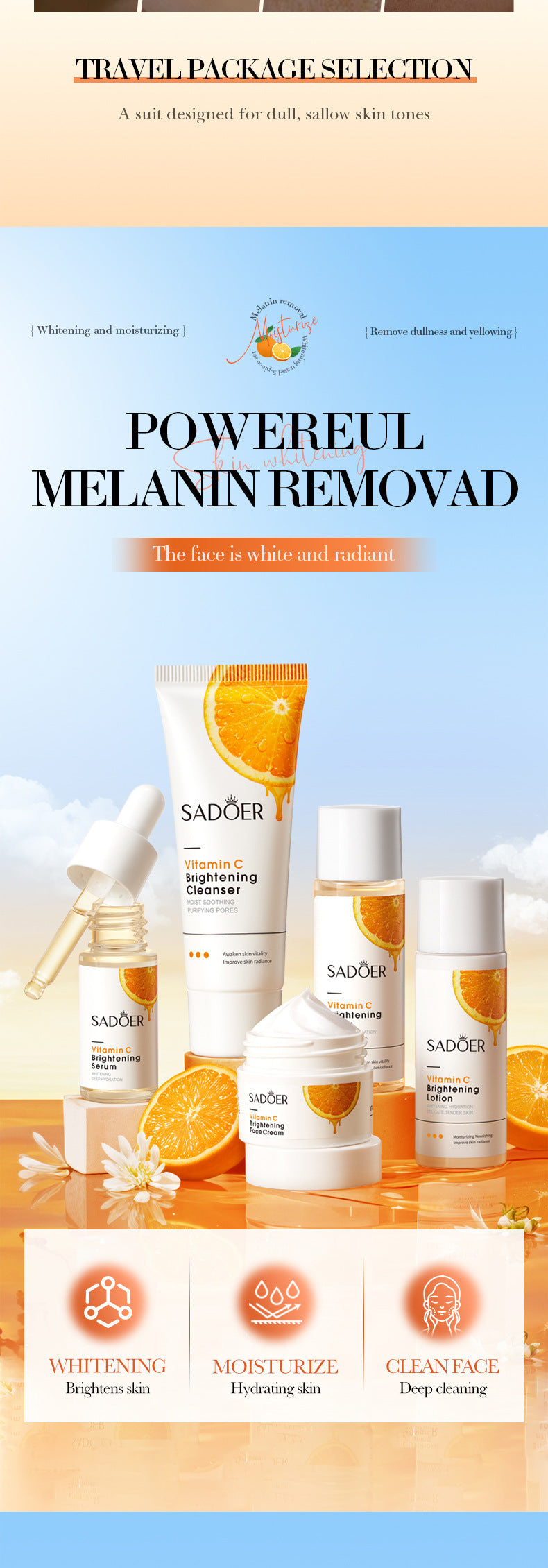 5 pezzi Set viso alla vitamina C per idratare, sbiancare e schiarire, con acido ialuronico
