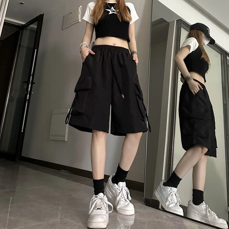 ZOKI Pantaloncini cargo a vita alta da donna Stile americano Streetwear Estate Pantaloni a gamba larga