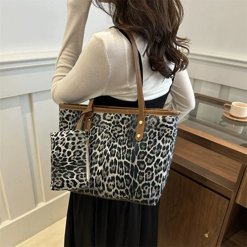 Borsa Leopard con custodia, elegante borsa a tracolla in pelle sintetica, shopping bag di grande capacità per l’uso quotidiano