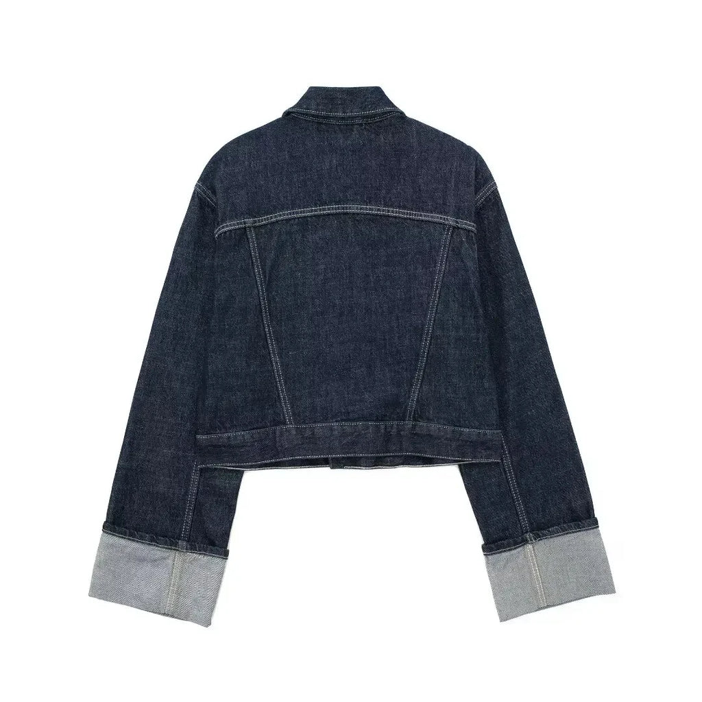 Set Casual Risvolto Manica Lunga Crop Giacca Bottoni Femminile Vintage Gamba Larga Jeans