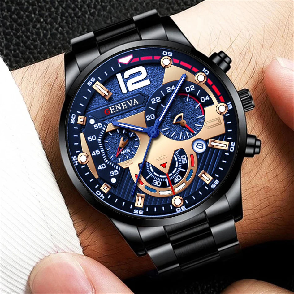 Orologio da polso analogico al quarzo con cinturino in acciaio inossidabile con calendario