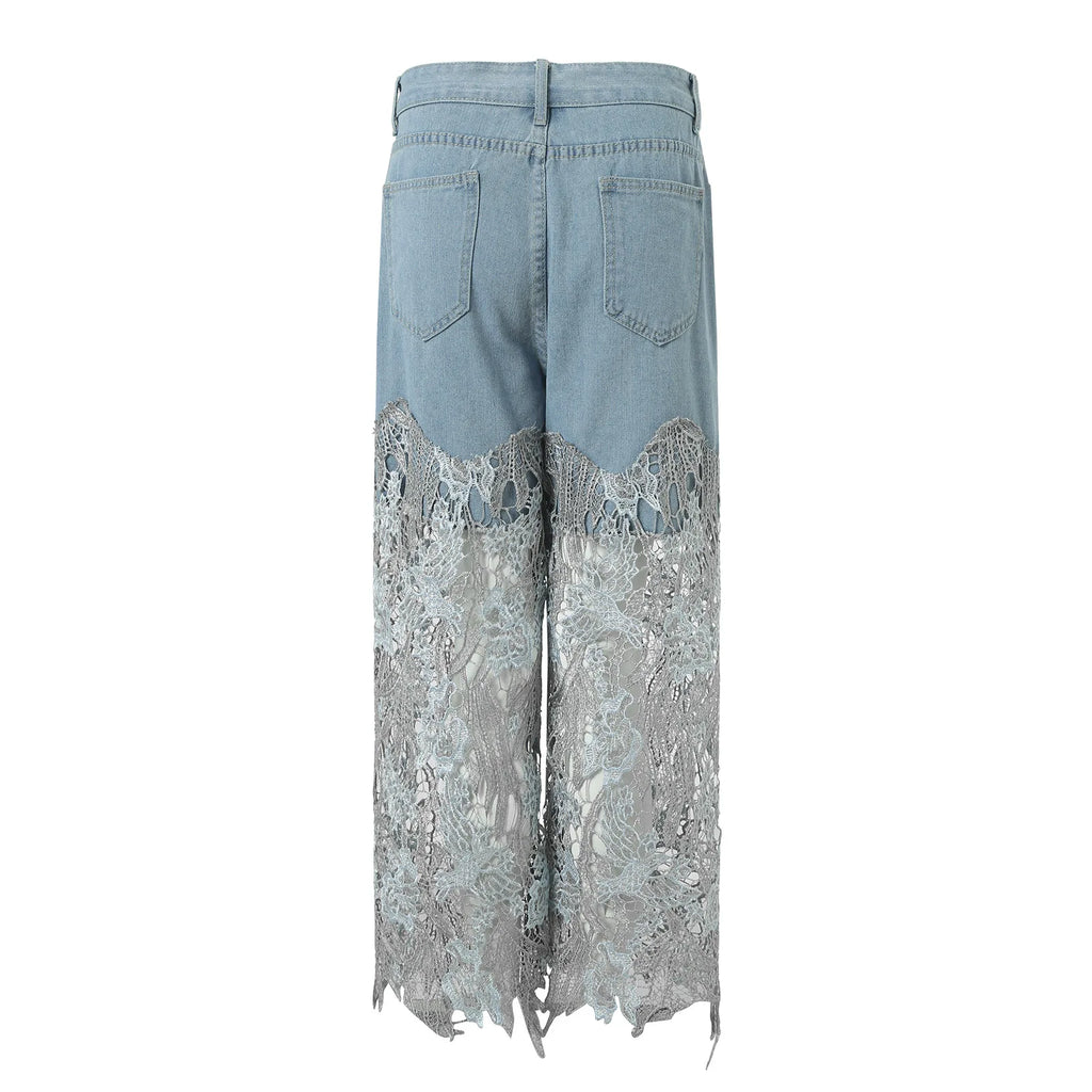 Pantaloni Jeans in denim in pizzo da donna Hollow Out Asimmetrico Patchwork floreale strappato Gamba dritta