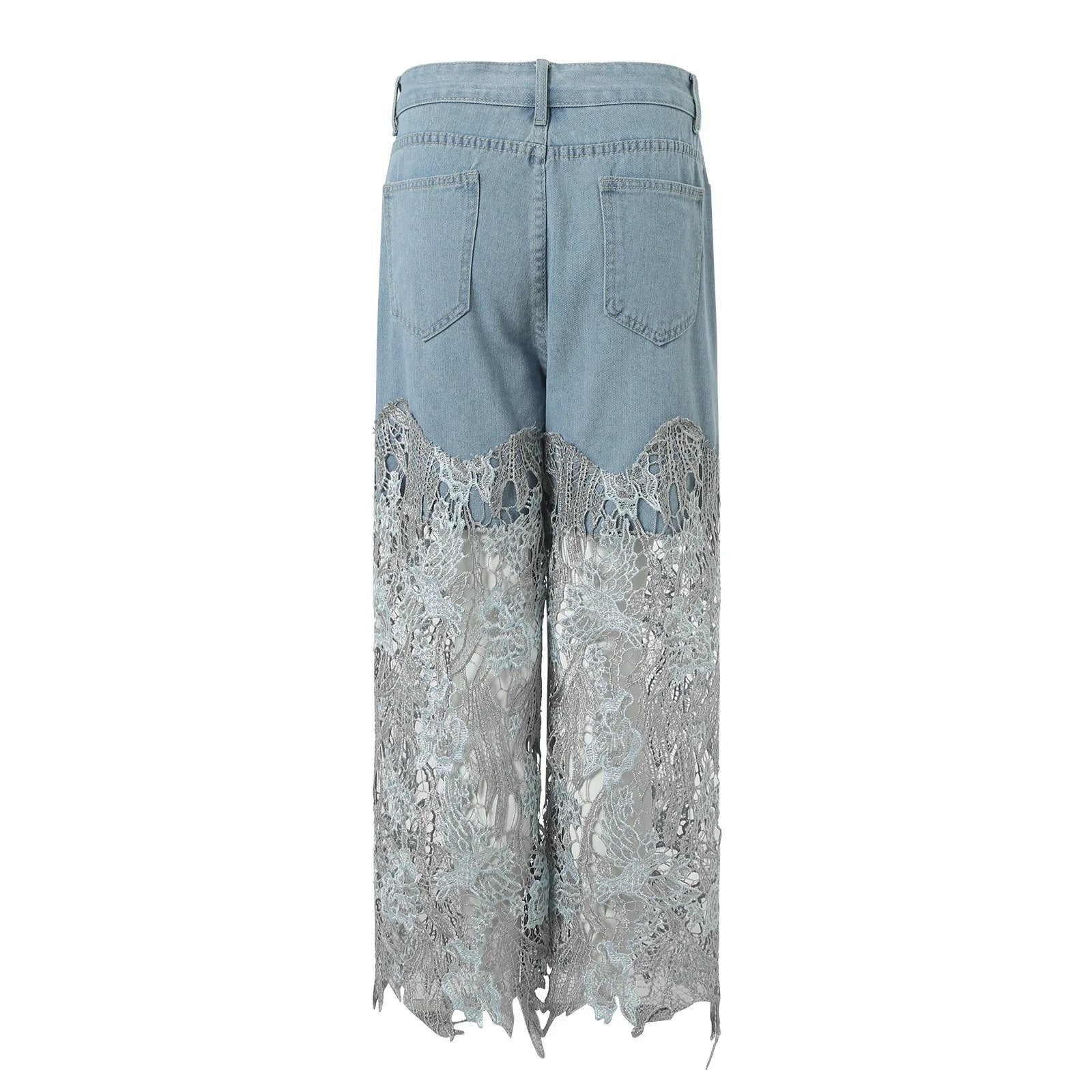 Pantaloni Jeans in denim in pizzo da donna Hollow Out Asimmetrico Patchwork floreale strappato Gamba dritta