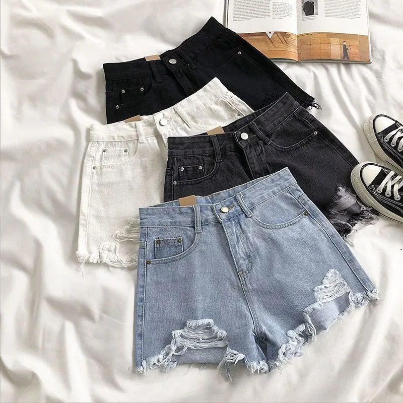 Pantaloncini in denim Donna Moda estiva Casual Jeans strappati a vita alta Y2K