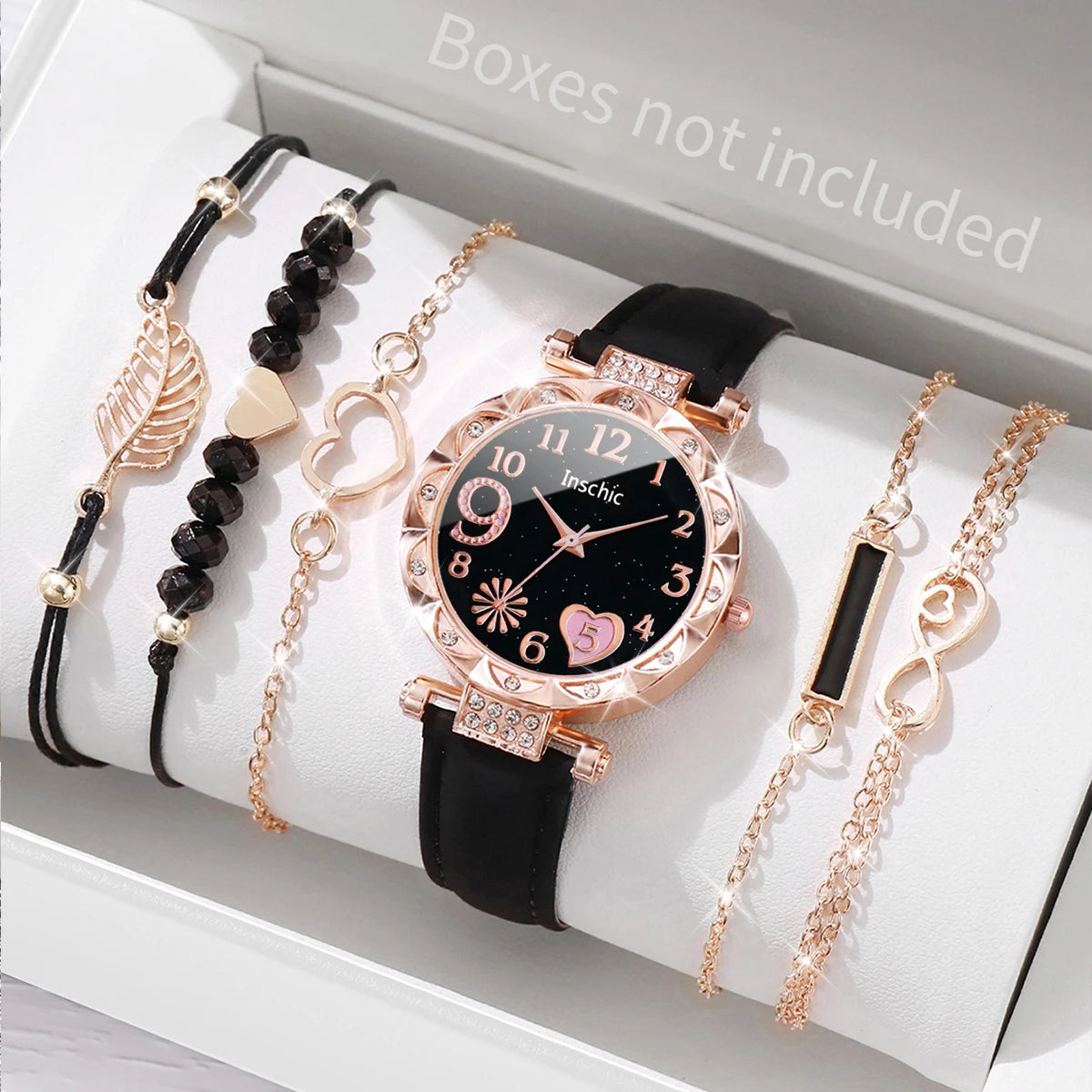 6PCS/Set Moda Quadrante a cuore Orologio da donna Casual Cinturino in pelle Orologio analogico al quarzo Set di bracciali a foglia (senza scatola)