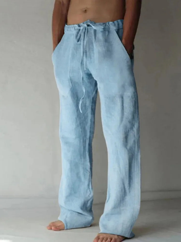 Pantaloni lunghi in lino da uomo estivi, traspiranti, in tinta unita con elastico in vita
