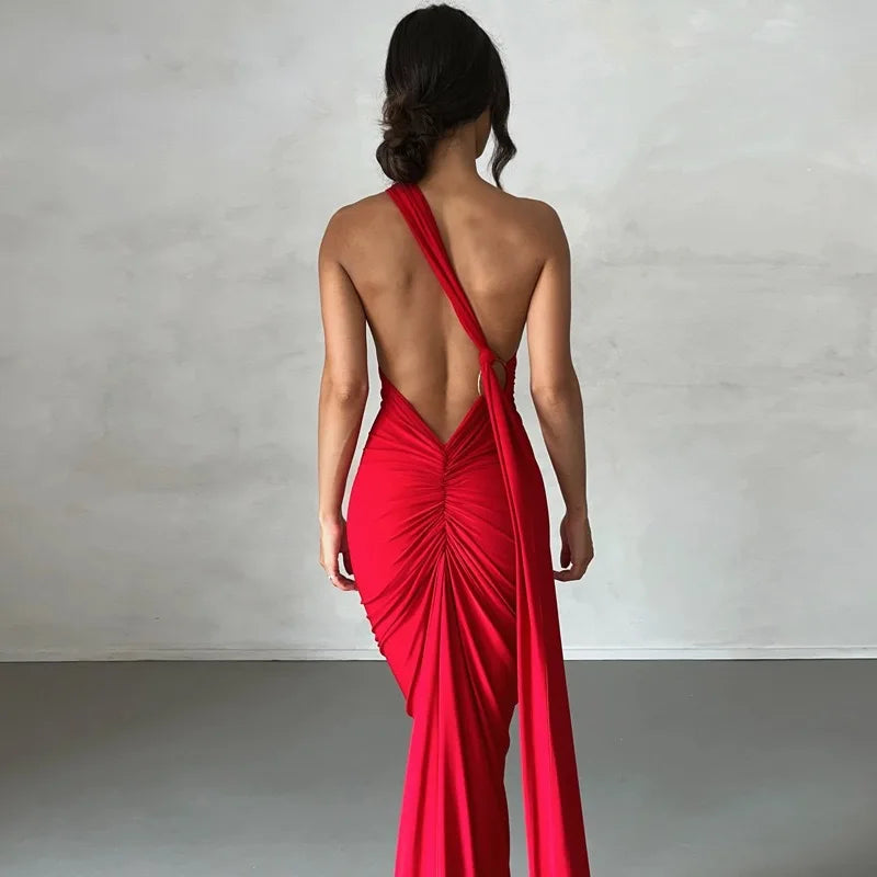 Abito da donna monospalla senza maniche da donna Sciarpa regolabile Loop increspato Backless