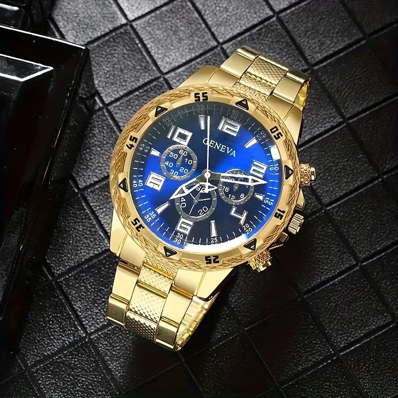 Orologio al quarzo da uomo alla moda - cinturino in acciaio inossidabile, cassa rotonda in lega di zinco, set 4 pezzi