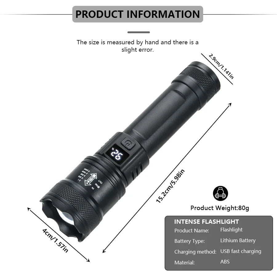 Torce a led ad alta potenza forte 2000LM Torcia tattica con luce del display Ricarica USB