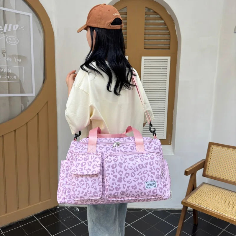 Classica borsa da viaggio di grande capacità con stampa leopardata con tasche multiple e scomparto per scarpe
