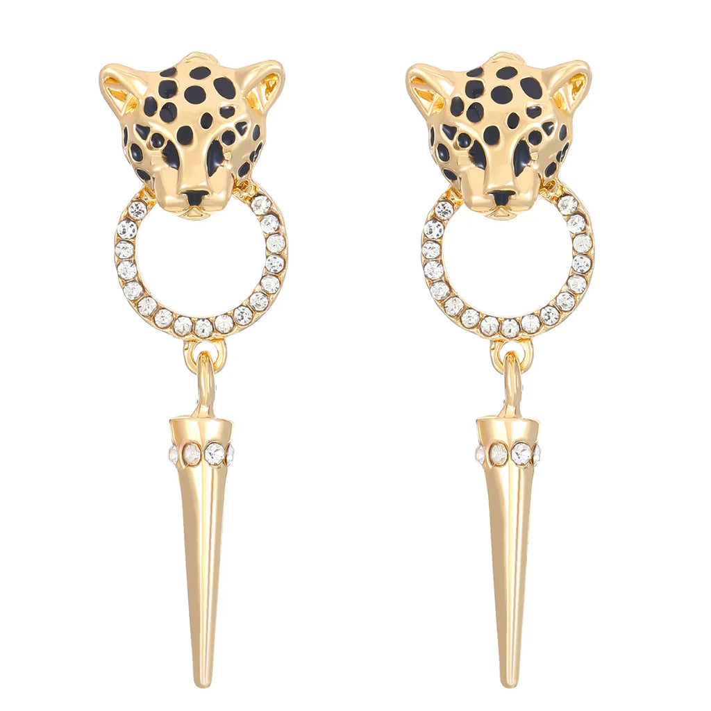 Orecchini pendenti a cono con testa di leopardo con strass