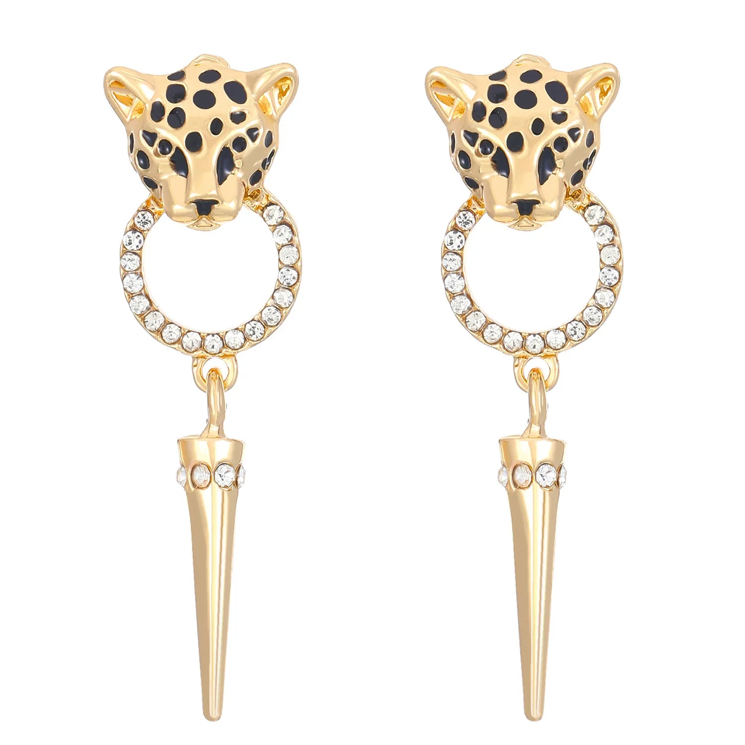 Orecchini pendenti a cono con testa di leopardo con strass