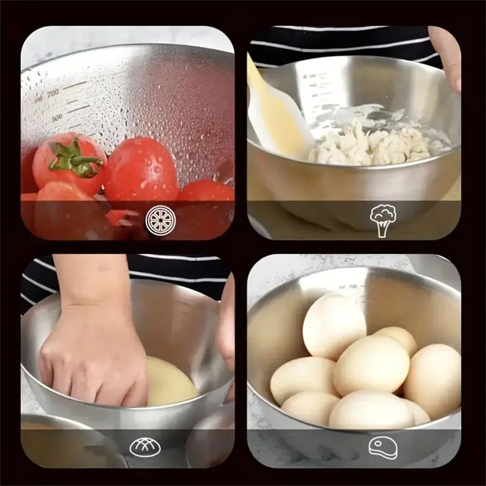1-3 Set di ciotole in acciaio inossidabile con bilancia per cucinare, cuocere, riporre gli alimenti, ciotole di miscelazione di grande capacità