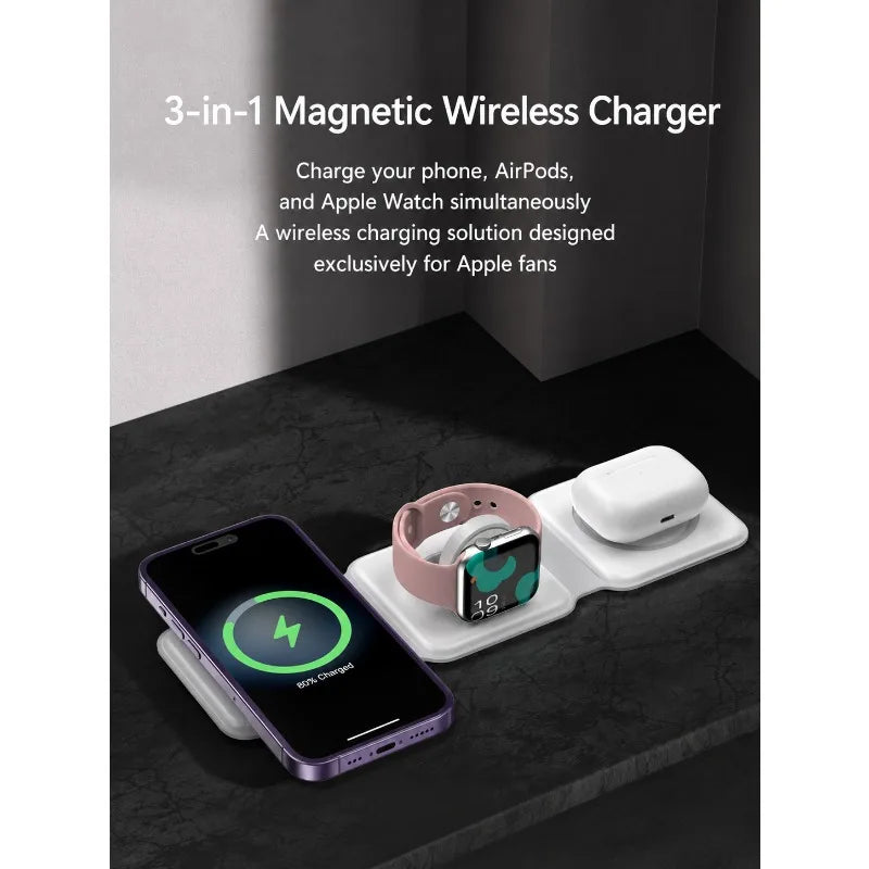 Stazione di ricarica magnetica da viaggio wireless charter portatile 3 in 1 completamente compatibile con il dock di ricarica compatto pieghevole MagSafe