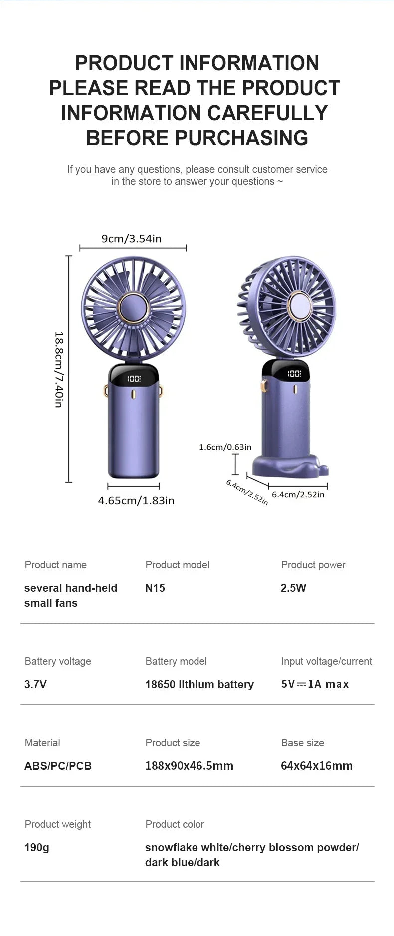 Mini ventilatore portatile ricaricabile USB a 5 velocità e schermo di visualizzazione 1800mAh
