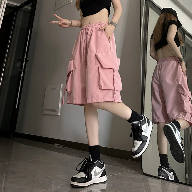 ZOKI Pantaloncini cargo a vita alta da donna Stile americano Streetwear Estate Pantaloni a gamba larga