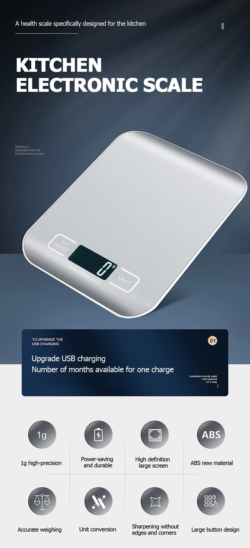 5kg/10kg Bilancia da cucina digitale Display LCD Bilance elettroniche in acciaio inossidabile