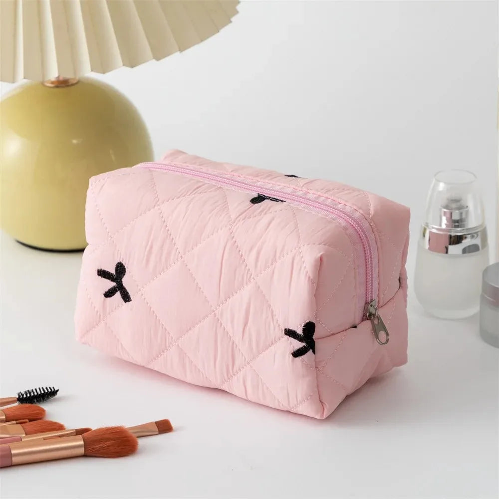 Borsa per il trucco ricamata con fiocco per donna Borsa per articoli da toeletta cosmetici da viaggio di grande capacità