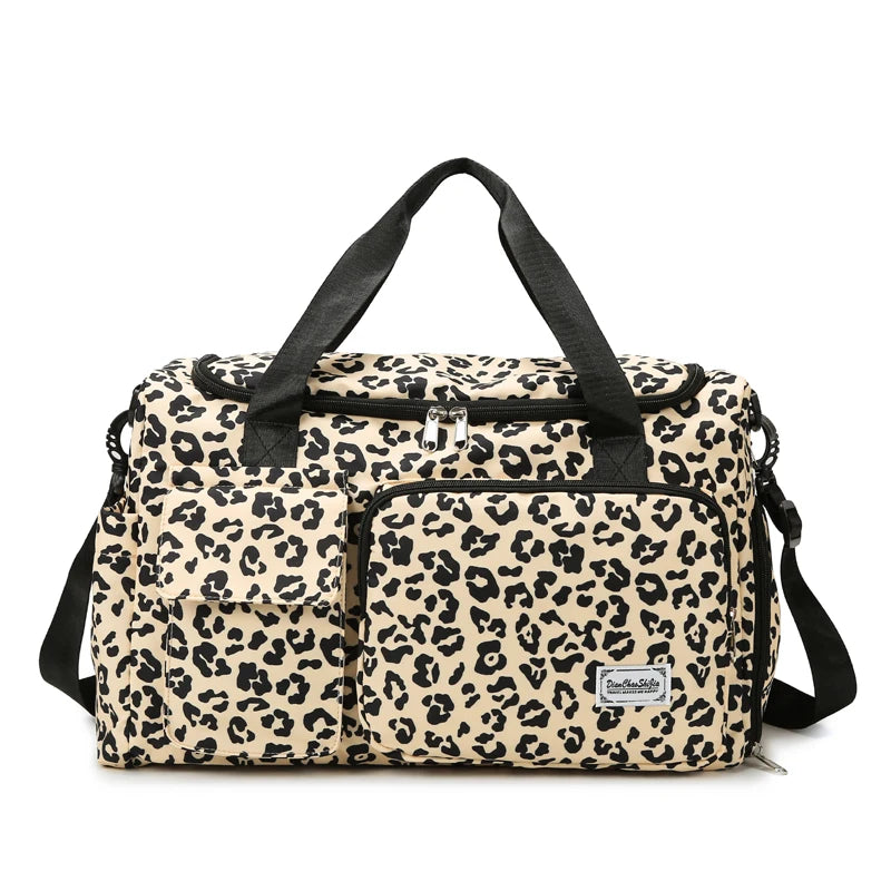 Classica borsa da viaggio di grande capacità con stampa leopardata con tasche multiple e scomparto per scarpe
