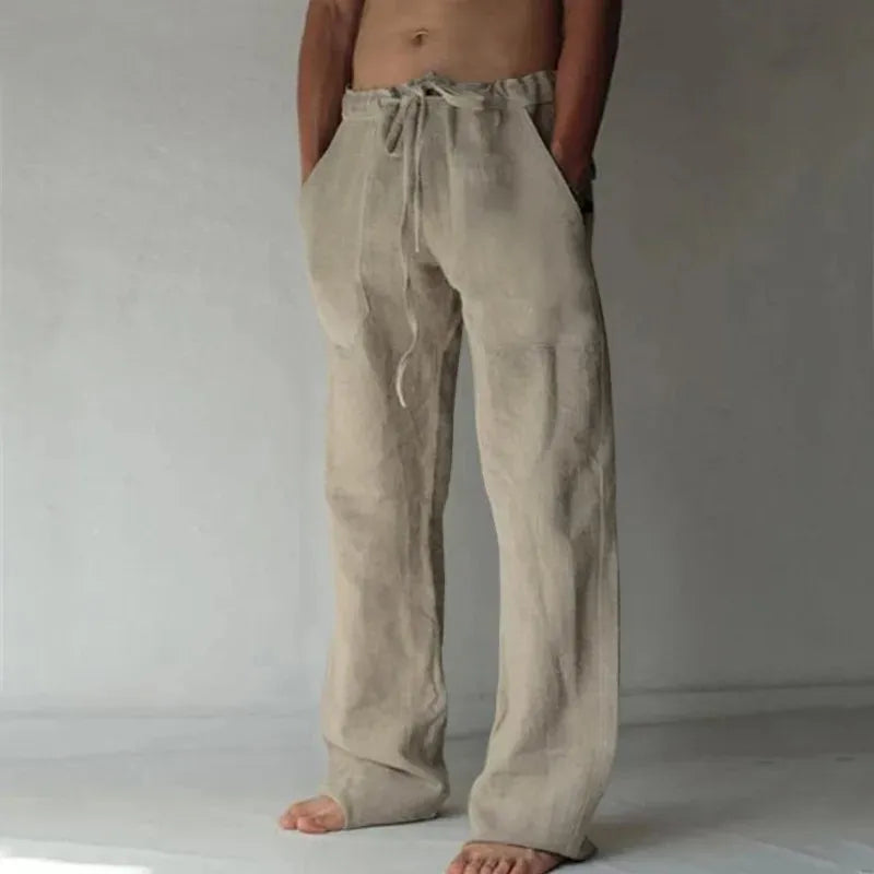 Pantaloni lunghi in lino da uomo estivi, traspiranti, in tinta unita con elastico in vita