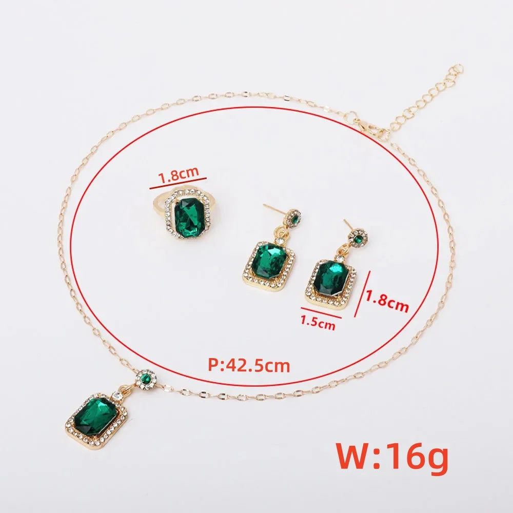 4PCS Set quadrato strass collana orecchini anello