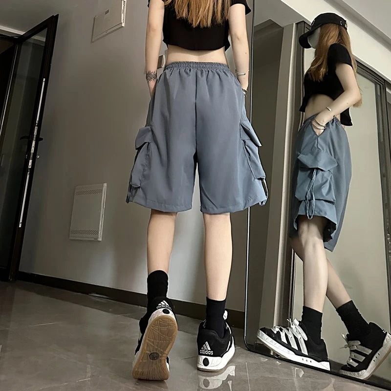ZOKI Pantaloncini cargo a vita alta da donna Stile americano Streetwear Estate Pantaloni a gamba larga