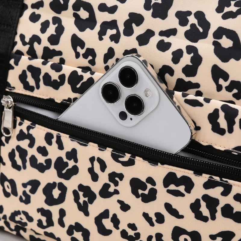 Classica borsa da viaggio di grande capacità con stampa leopardata con tasche multiple e scomparto per scarpe