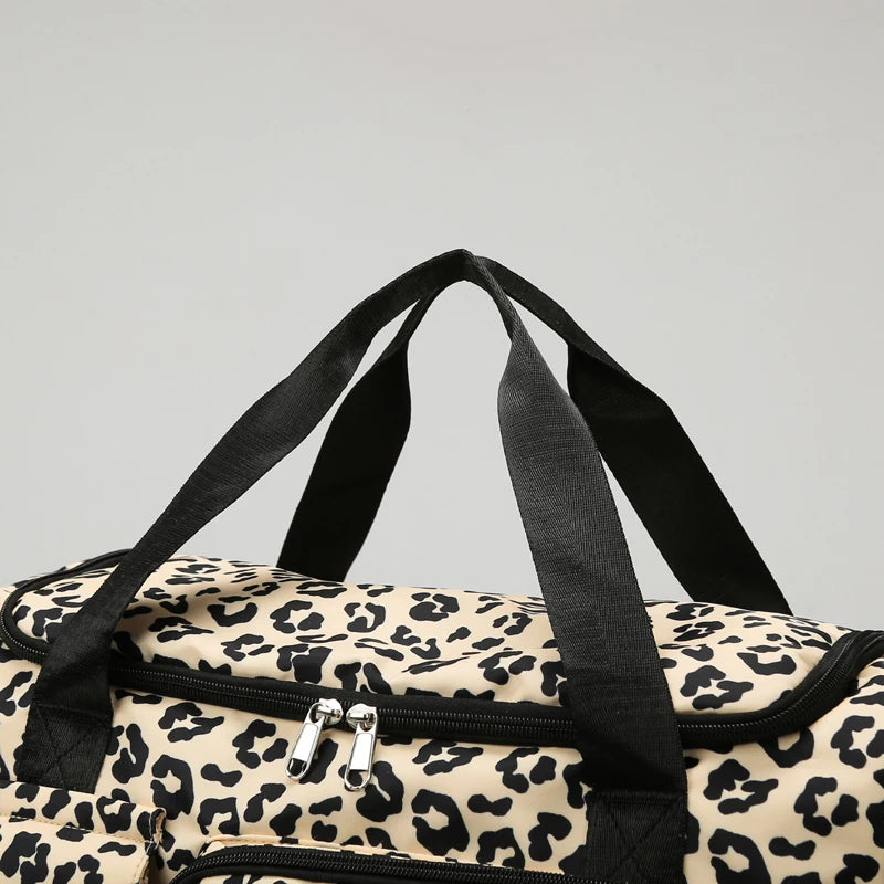 Classica borsa da viaggio di grande capacità con stampa leopardata con tasche multiple e scomparto per scarpe