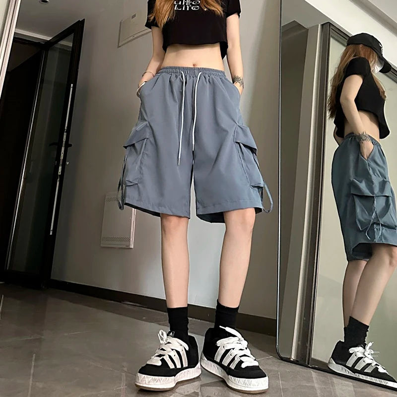 ZOKI Pantaloncini cargo a vita alta da donna Stile americano Streetwear Estate Pantaloni a gamba larga