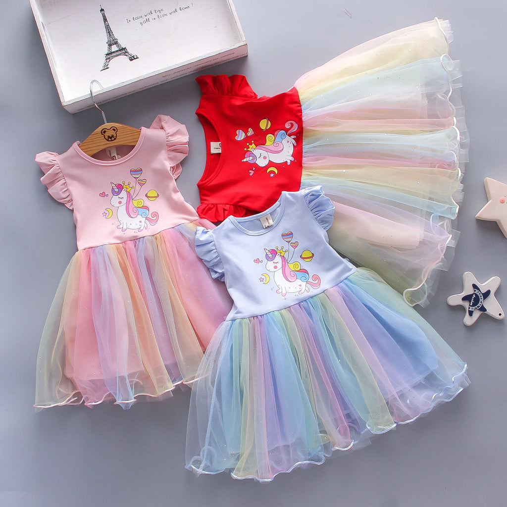 Abito da festa estivo principessa unicorno per ragazze con maniche volanti Abbigliamento per bambini 3-8 anni