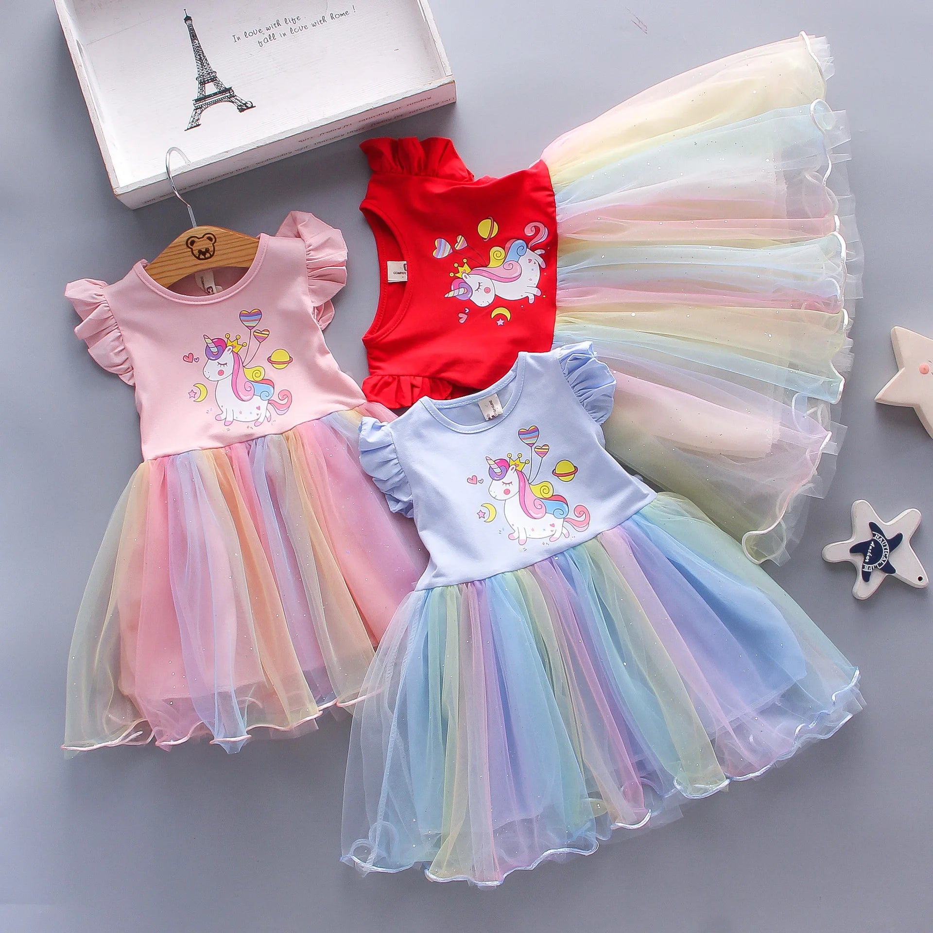 Abito da festa estivo principessa unicorno per ragazze con maniche volanti Abbigliamento per bambini 3-8 anni
