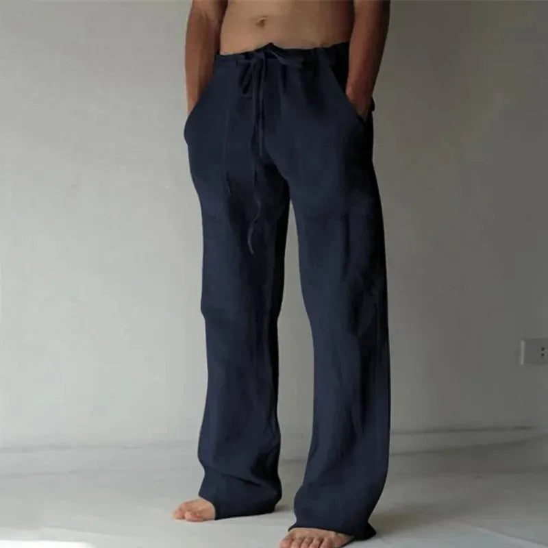 Pantaloni lunghi in lino da uomo estivi, traspiranti, in tinta unita con elastico in vita