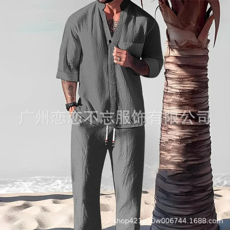 Estate Casual Set Sciolto Scollo a V Mezza manica Top e Pantaloni Abiti Uomo