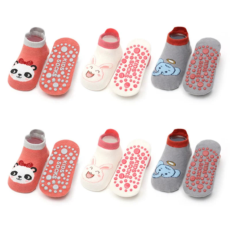 6 paia di calzini di cotone antiscivolo per bambini Cartoon Animal Pattern