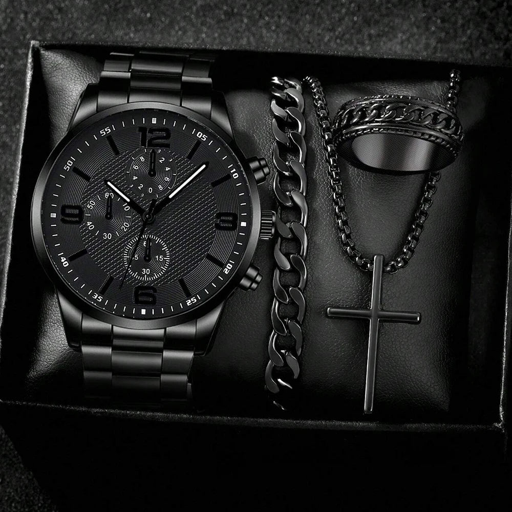 Set Business Men’s Gift Box Watch Set Fashion Trend Orologio al quarzo Bracciale Collana Anello