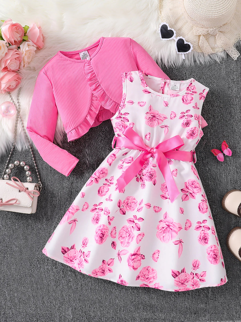 Abbigliamento per bambini moda casual floreale set 2 pezzi - gilet girocollo + gonna floreale