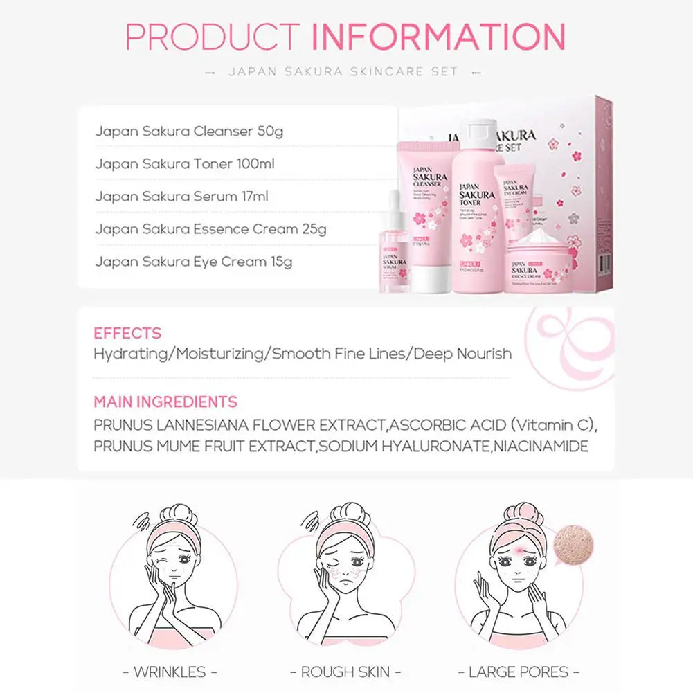 Set 3/5 Sakura Skin Care Crema Viso, Siero Toner, Detergente Viso, Protezione Solare, Crema Occhi, Confezione Regalo