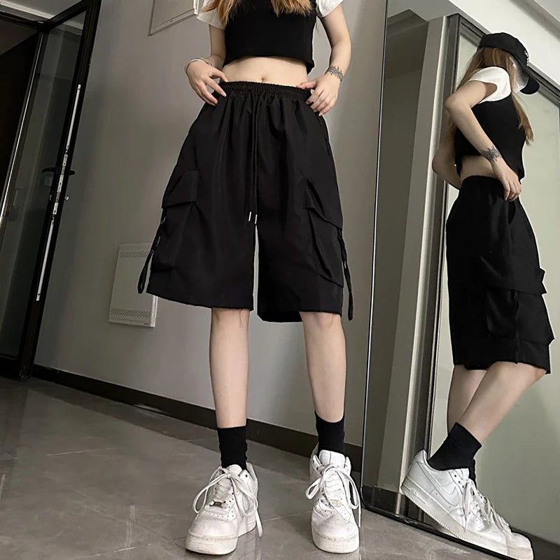 ZOKI Pantaloncini cargo a vita alta da donna Stile americano Streetwear Estate Pantaloni a gamba larga