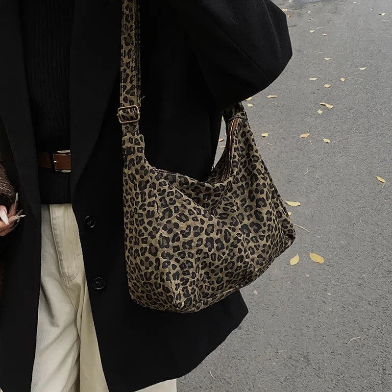Borsa a tracolla da donna in tessuto morbido alla moda Borsa a tracolla da donna con stampa leopardata di grande capacità
