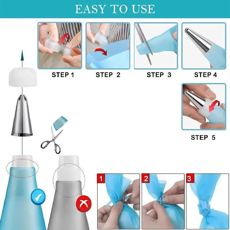 Sacchetti per tubazioni in silicone e punte Set Torta fai da te Kit di decorazione con ugello in acciaio inossidabile per pasticceria