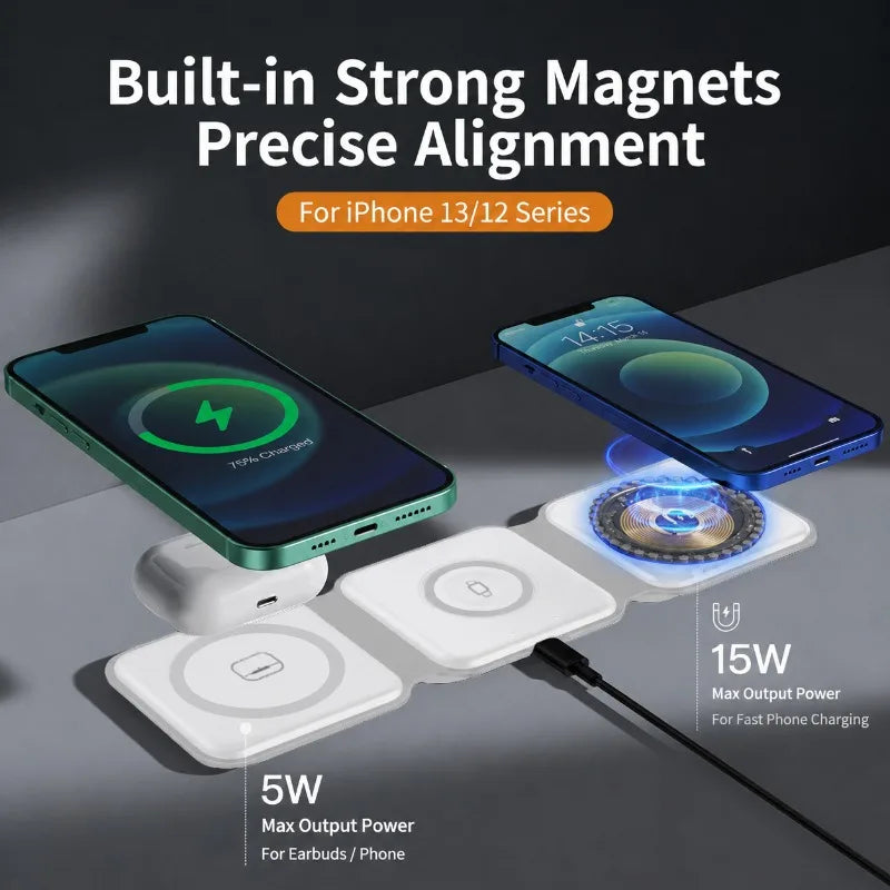 Stazione di ricarica magnetica da viaggio wireless charter portatile 3 in 1 completamente compatibile con il dock di ricarica compatto pieghevole MagSafe