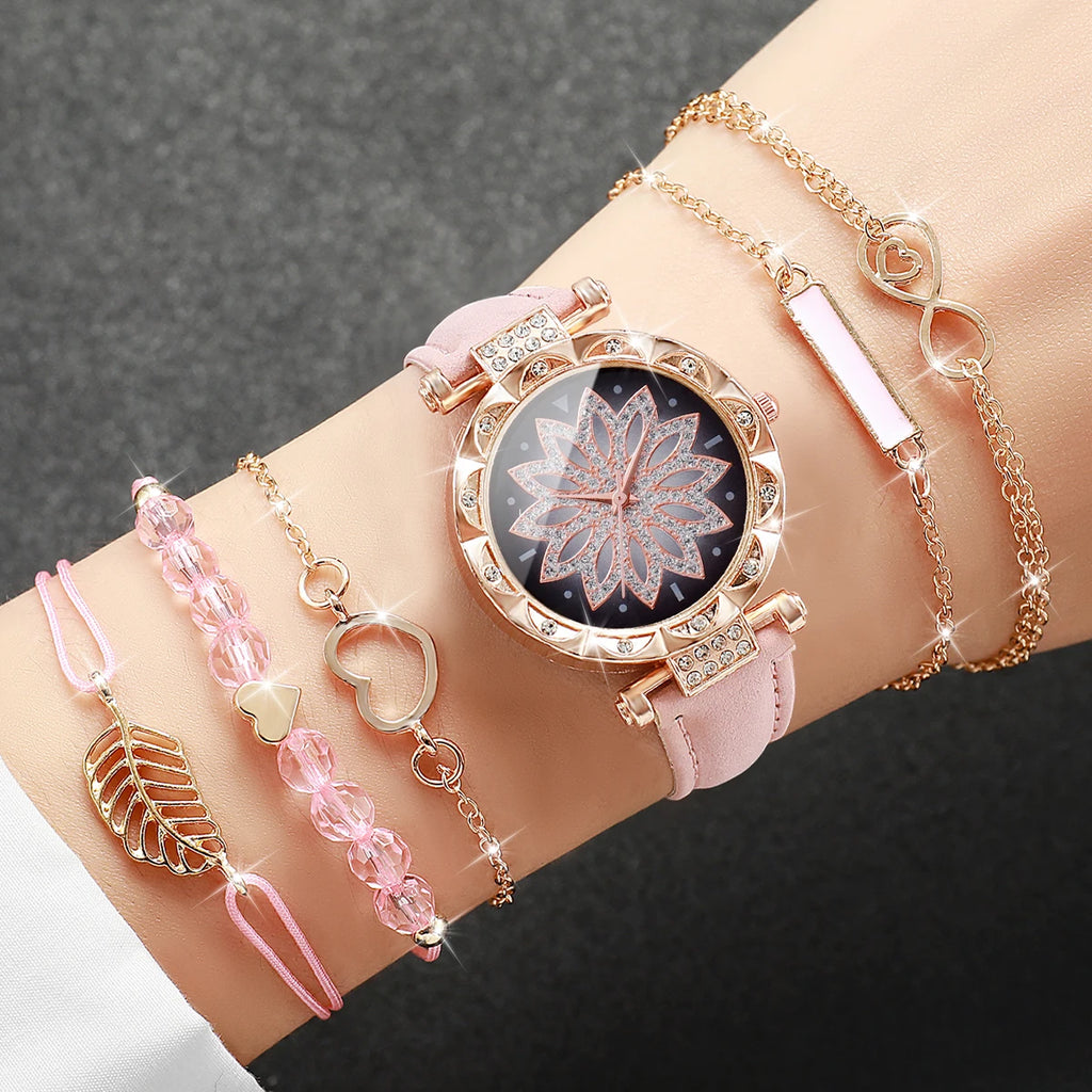 6PCS/Set Moda Quadrante a cuore Orologio da donna Casual Cinturino in pelle Orologio analogico al quarzo Set di bracciali a foglia (senza scatola)