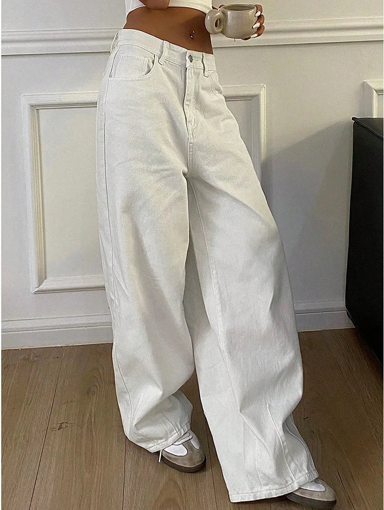 Jeans Donna Larghi Vita Alta Tasca Bianco Solido Retro