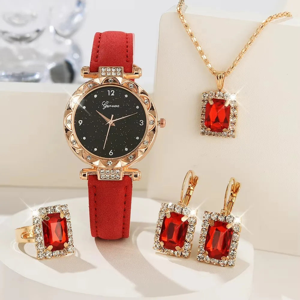 Set 5 pezzi orologio, collana, orecchini, anello